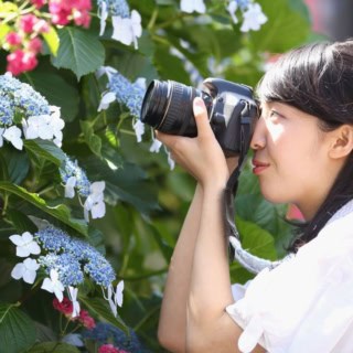 Eine Frau fotografiert einen Strauch mit Blumen während eines Fotokurses.