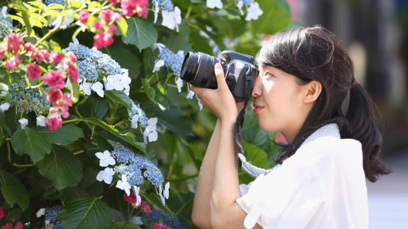 Eine Frau fotografiert einen Strauch mit Blumen während eines Fotokurses.
