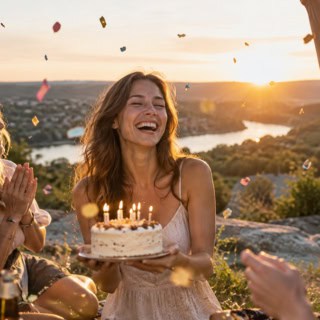 Personen feiern Geburtstag in der Natur und eine Frau hält einen Geburtstagskuchen in der Hand.