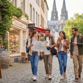 4 Personen gehen durch die Kölner Altstadt mit einem Tourplan.
