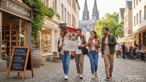 4 Personen gehen durch die Kölner Altstadt mit einem Tourplan.