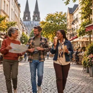 Drei Personen gehen durch die Kölner Stadt und Essen ein Eis.