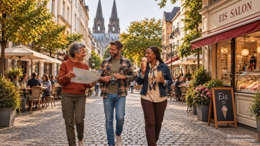 Drei Personen gehen durch die Kölner Stadt und Essen ein Eis.
