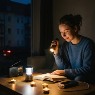 Frau sitzt im dunkeln und liest mit einer Taschenlampe ein Buch bei Stromausfall.