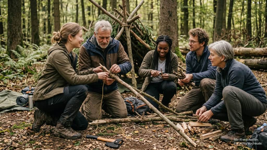 Gruppe im Wald baut sich eine Höhle aus Zweigen.