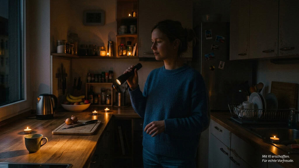 Frau steht bei Nacht in einer dunklen Küche mit Taschenlampe und Kerzen auf dem Tisch.
