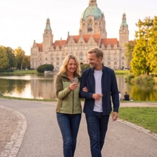 Ein Paar geht im Maschpark spazieren. Im Hintergrund ist der Maschteich und das neue Rathaus in Hannover zu sehen. Das Paar folgt der Route zur nächsten Location bei der kulinarischen Stadtführung.