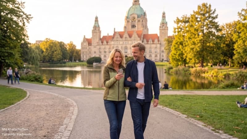 kulinarische-stadtfuehrung-hannover-web Ein Paar geht im Maschpark spazieren. Im Hintergrund ist der Maschteich und das neue Rathaus in Hannover zu sehen. Das Paar folgt der Route zur nächsten Location bei der kulinarischen Stadtführung.
