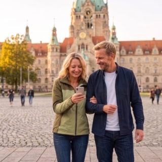 Bei einer kulinarischen Stadtführung in Hannover ist ein Paar auf dem Weg zu einer Location, um mit einem Aperitif das Erlebnis zu starten.