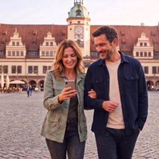 kulinarische-stadtfuehrung-leipzig-marktplatz Ein Mann und eine Frau schauen in das Handy und folgen der Wegbeschreibung zu der nächsten Location bei der kulinarischen Stadtführung in Leipzig.
