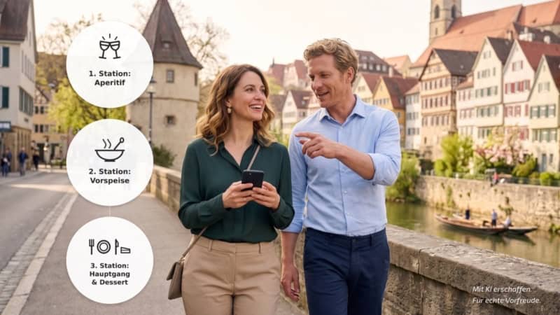 Ein Paar spaziert in Tübingen während einer kulinarischen Stadtführung.