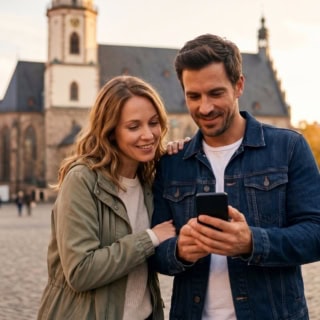 Eine Frau und ein Mann stehen vor der Nikolaikirche in Leipzig und schauen auf ein Handy, um zu erfahren wo sich die nächste Location befindet - kulinarische Stadtführung in Leipzig