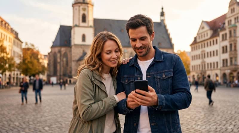 Eine Frau und ein Mann stehen vor der Nikolaikirche in Leipzig und schauen auf ein Handy, um zu erfahren wo sich die nächste Location befindet - kulinarische Stadtführung in Leipzig