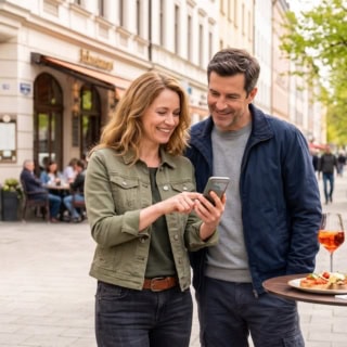 Eine Frau und ein Mann schauen gemeinsam in ein Handy und erkundigen sich über die nächste Location der kulinarischen Stadtführung in Schwabing.