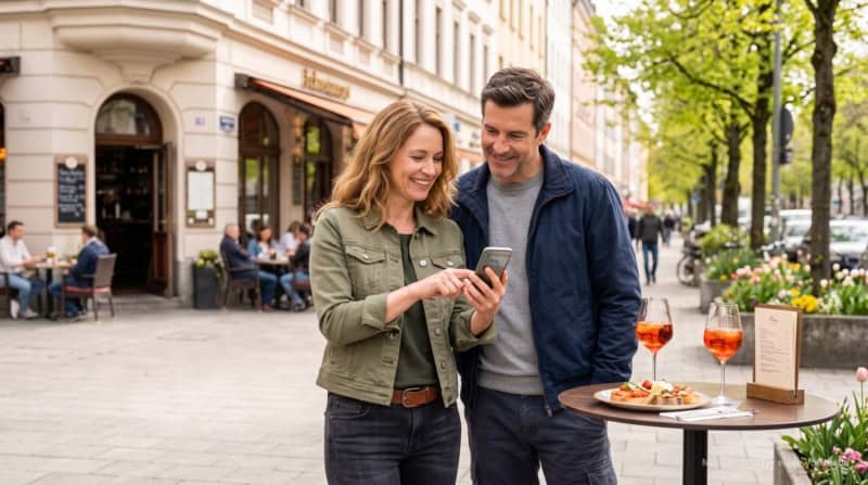 Eine Frau und ein Mann schauen gemeinsam in ein Handy und erkundigen sich über die nächste Location der kulinarischen Stadtführung in Schwabing.