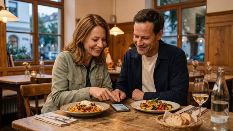 Zwei Personen sitzen an einem rustikalen Tisch und essen ein Abendmenü.
