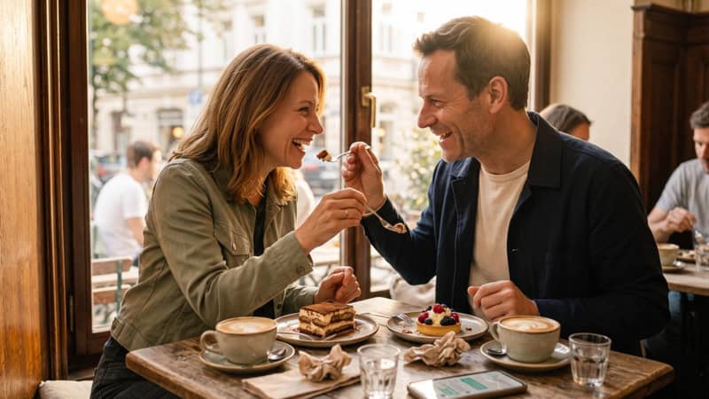 Zwei Personen essen ein Dessert und füttern sich gegenseitig.