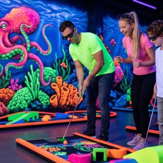 Drei Personen beim 3D Schwarzlicht Minigolf in Dresden vor bunter Unterwasserwelt
