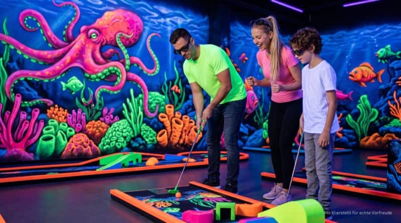 Drei Personen beim 3D Schwarzlicht Minigolf in Dresden vor bunter Unterwasserwelt