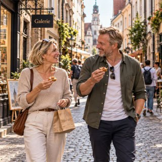 2 Menschen gehen durch die Stadt und lachen und essen kleine Törtchen.