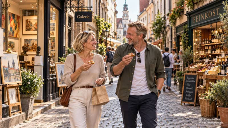 2 Menschen gehen durch die Stadt und lachen und essen kleine Törtchen.