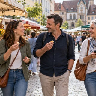 3 Personen gehen durch einen Markt in der Stadt und essen kleine Snacks.