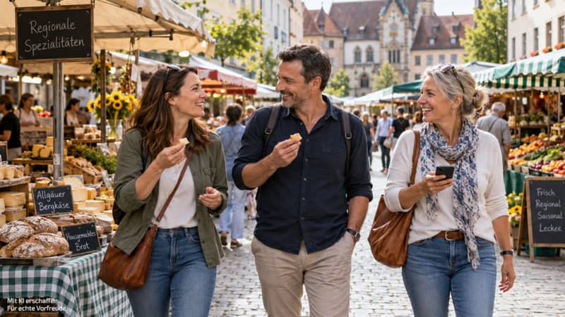 3 Personen gehen durch einen Markt in der Stadt und essen kleine Snacks.