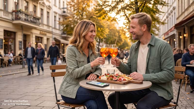 Zwei Personen sitzen am Tisch und trinken Aperol im Freien.