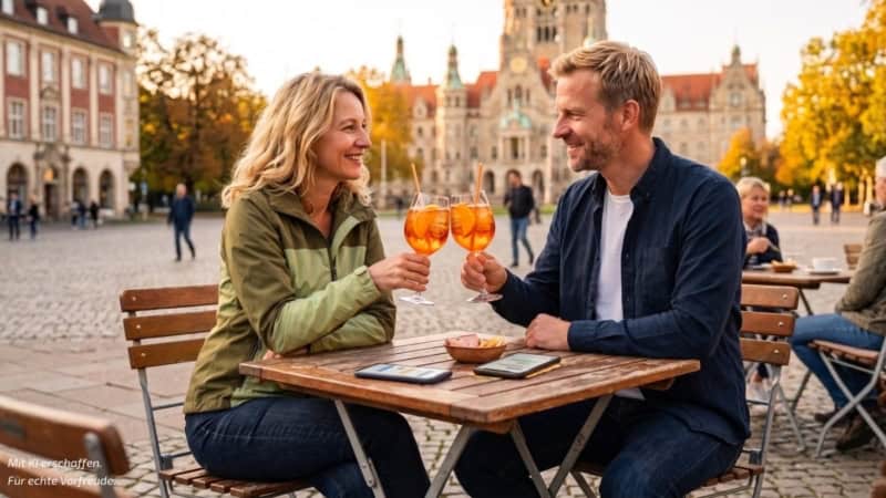 Kulinarische Stadtführung in Hannover-Aperitif Ein Mann und eine Frau sitzen am Tisch in Hannover und stoßen mit einem Getränk an.