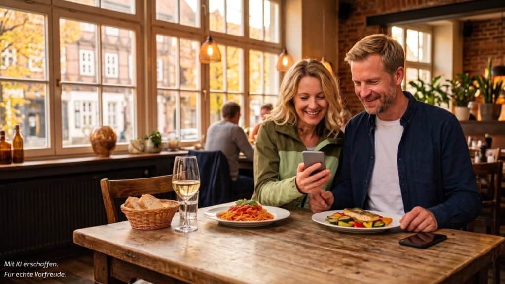 Kulinarische Stadtführung in Hannover-Hauptgang Ein Mann und eine Frau sitzen in einem rustikalen Restaurant mit Hauptgang in Hannover und schauen auf ein Handy.