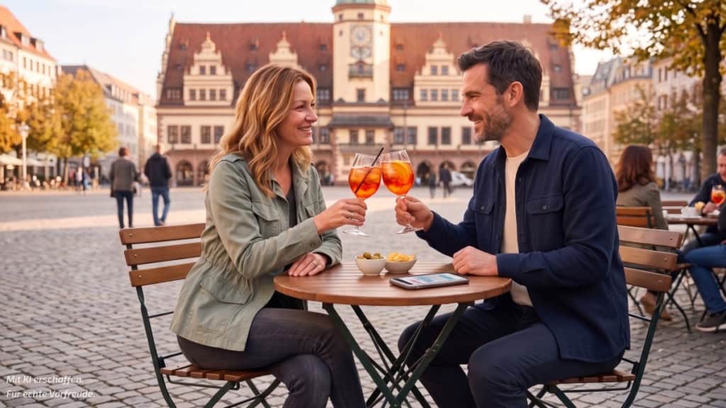 Kulinarische Stadtführung in Leipzig-Aperitif Ein Paar stößt mit zwei Gläsern Aperol Spritz bei der ersten Station der kulinarischen Stadtführung in Leipzig an.