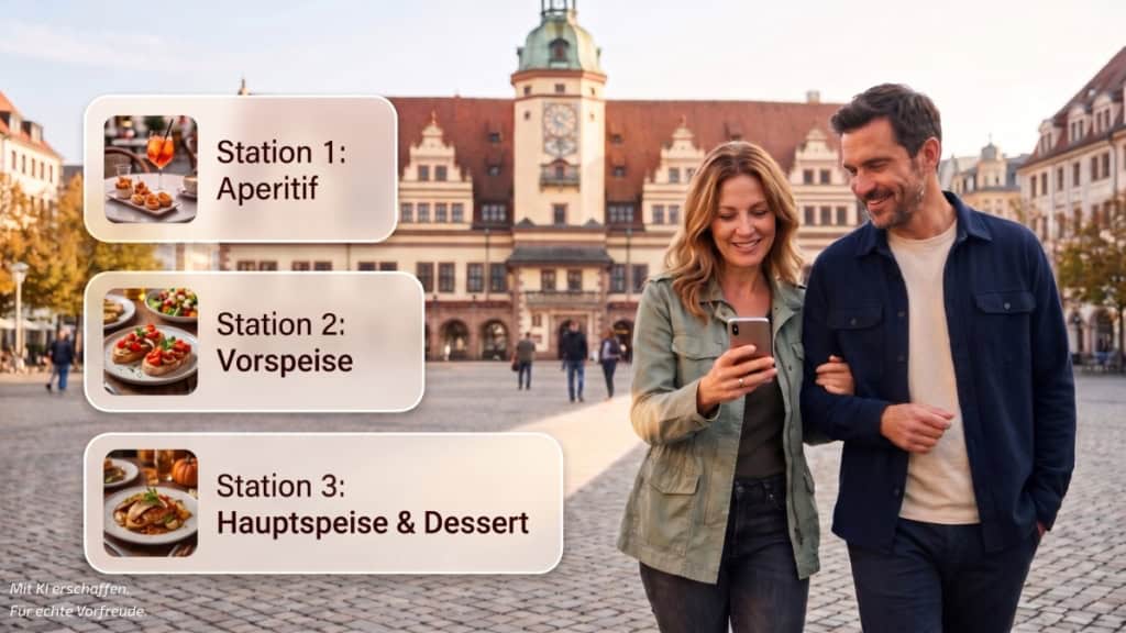 Kulinarische Stadtführung in Leipzig-Paar-altes-Rathaus Ein Paar auf dem Markplatz vor dem alten Rathaus in Leipzig, während einer kulinarischen Stadtführung.