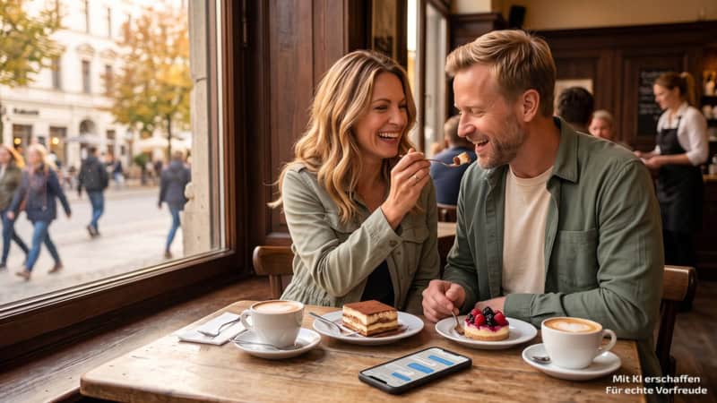 Zwei Personen füttern sich mit Dessert in einem Cafe.