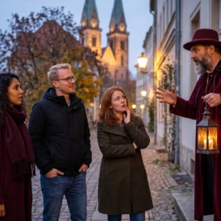 4 Personen stehen in der Nacht in Berlin und machen eine Nachtwanderung.