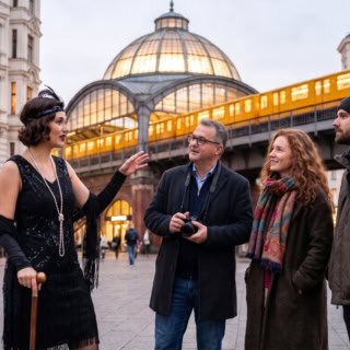 Stadtführung in Berlin mit Stadtführerin im 1920 Outfit und 3 Personen vor U-Bahnstation.