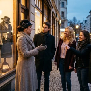 eine Stadtführerin in historischem Kostüm erklärt vier Teilnehmern vor einem Schaufenster die Modegeschichte Berlins