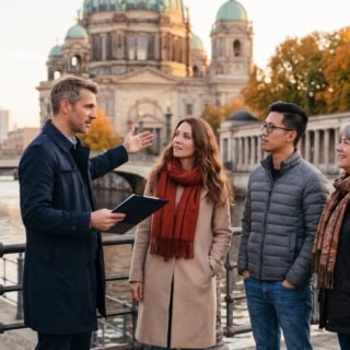 3 Personen machen eine Stadtführung durch Berlin und sehen sich die Museumsinsel an.