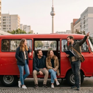Der Guide einer DDR Stadtrundfahrt durch Berlin zeigt den Teilnehmern historische Viertel.