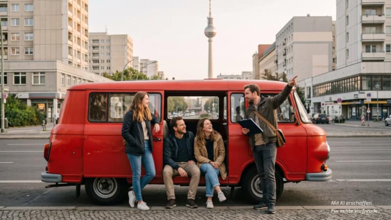 Der Guide einer DDR Stadtrundfahrt durch Berlin zeigt den Teilnehmern historische Viertel.