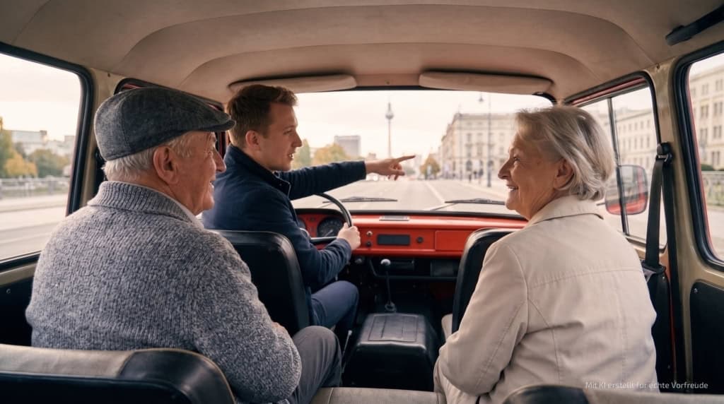 ddr-stadtrundfahrt-durch-berlin-oma-opa Ein Opa und eine Oma in einem Oldtimer bei einer DDR-Stadtrundfahrt durch Berlin mit Blick auf den Fernsehturm.