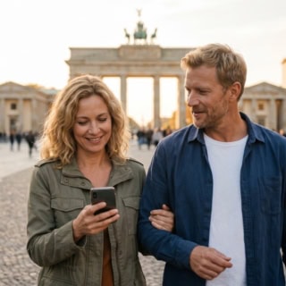 Eine Frau und ein Mann schauen auf ein handy und hinter ihnen steht das Brandenburgertor.