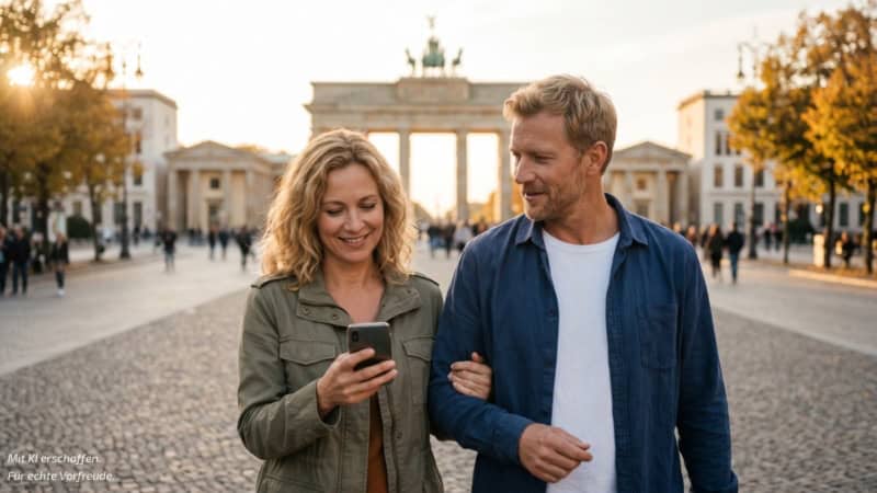 Eine Frau und ein Mann schauen auf ein handy und hinter ihnen steht das Brandenburgertor.