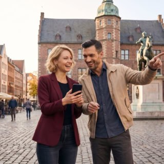 Zwei Personen machen eine kulinarische Stadtführung in Düsseldorf und gehen durch die Altstadt.
