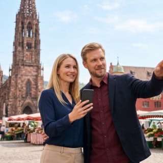 Zwei Personen machen eine kulinarische Stadtführung in Freiburg und besichtigen den Münsterplatz.