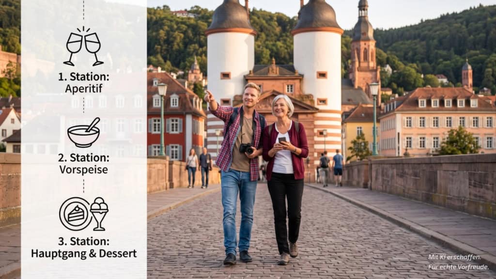 Ein Mann geht mit seiner Mutter über die Brücke in Heidelberg, während einer kulinarischen Stadtführung.