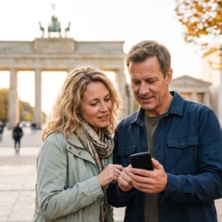 Ein Mann und eine Frau schauen auf ein Handy und im Hintergrund ist das Brandenburgertor.