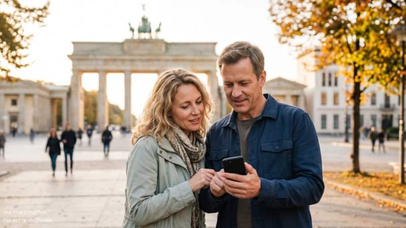 Ein Mann und eine Frau schauen auf ein Handy und im Hintergrund ist das Brandenburgertor.