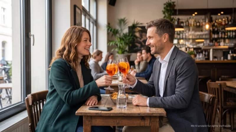 Zwei Personen machen eine kulinarische Stadtführung in Kassel und trinken ein Getränk im Restaurant.