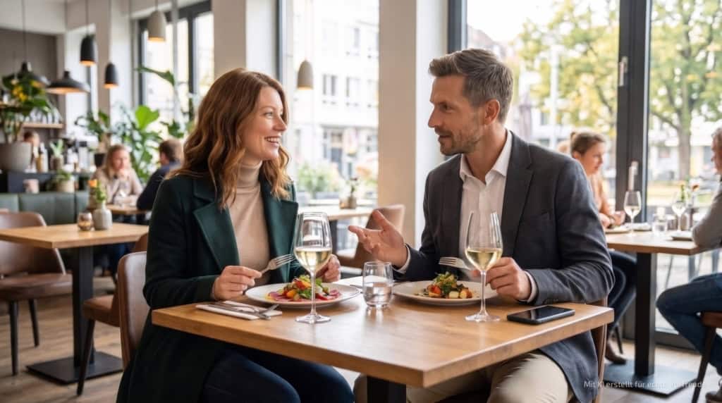 kulinarische-stadtführung-in-kassel 2. Station Zwei Personen essen eine Vorspeise im Restaurant und machen eine kulinarische Stadtführung in Kassel.