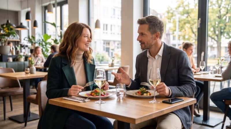 Zwei Personen essen eine Vorspeise im Restaurant und machen eine kulinarische Stadtführung in Kassel.